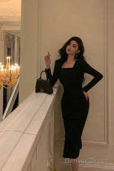 Classy Sheath Square Neckline Black Prom Dresses Birthday Outfits Evening Gown