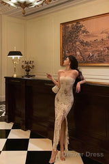 Classy Sheath Strapless Floral Ivory Long Prom Dresses Birthday Outfits Evening Gown