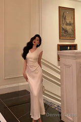 Classy Sheath V Neckline Ivory Satin Prom Dresses Birthday Outfits Evening Gown