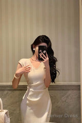 Classy Sheath V Neckline Ivory Satin Prom Dresses Birthday Outfits Evening Gown