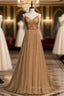 Coffee Gold Tulle Spaghetti Straps Beading Pleats Prom Dresses