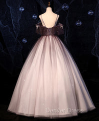 Coffee One Shoulder Tulle Long Prom Gown, Coffee Tulle Formal Dresses