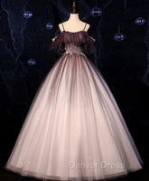Coffee One Shoulder Tulle Long Prom Gown, Coffee Tulle Formal Dresses
