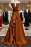 Coffee Satin Strapless Pleats Prom Dresses With Split