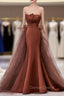 Coffee Satin Tulle Strapless Prom Dresses