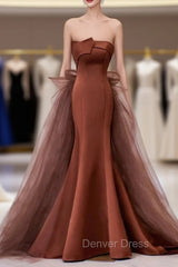 Coffee Satin Tulle Strapless Prom Dresses