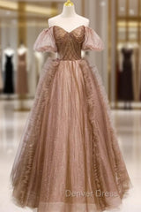 Coffee Tulle Sequins Puff Sleeve Beading Prom Dresses