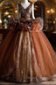Coffee Tulle Sequins V Neck Beading Quinceanera Dresses