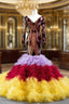 Colorful Mermaid Sequins Tulle Long Sleeve V Neck Prom Dresses