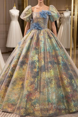 Colorful print Puff Sleeve Flower Quinceanera Dresses