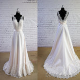 Column Sleeveless Special Wheat Color V-Neck V-Back High Waist Lace Sweep Trailing Wedding Dresses,