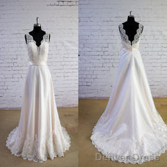 Column Sleeveless Special Wheat Color  V-Neck V-Back High Waist Lace Sweep Trailing Wedding Dresses,