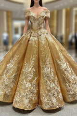 Come In a Wide Variety Of On-Trend Styles, Gold Ball Gown Sequins Off the Shoulder Appliques Prom Dresses