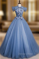 Come In All Styles And Colors Blue Ball Gown Tulle Backless Pleats Appliques Quinceanera Dresses