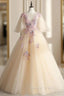 Come In All Styles And Colors Champagne Ball Gown Tulle Appliques See Through V-neck Quinceanera Dresses