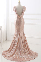 COURTNEY Fit and Flare Sweep train Sequined Rosy Golden Prom Party Gowns