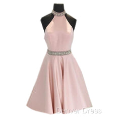 Crystal Beaded High Neck Short Pink Satin Homecoming Dresses