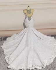 Crystal Beaded Mermaid Lace Wedding Dress Cap Sleeves