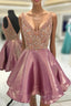 Crystal Beaded V Neck Satin Homecoming Dresses Short Prom Gowns