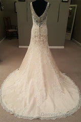 Mermaid Long Champagne Bridal Dresses with Lace