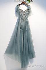 Custom Beautiful Tulle Lace Beaded Tea Length Straps A-Line Prom Dress, New Style Junior Party Dresses