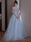 Custom Light Blue Tulle And Sequins Long Prom Dresses