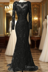 Custom Long Sleeves Prom Dresses,Charming Beading Evening Dresses,Lace Mermaid Prom Dresses