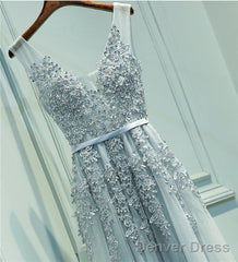 Custom Made A Line Gray/Navy Blue/Burgundy Lace Prom Dresses, Bridesmaid Dresses, Lace Graduation Dresses