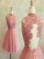 Custom Made A Line High Neck Short Lace Prom Dress, Short Lace Graduation/ Homecoming/Bridesmaid Dresses