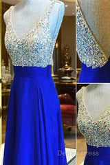Custom Made A Line V Neck Backless Floor Length Royal Blue Prom Dresses, Blue Formal Dresses, Blue Bridesmaid Dresses