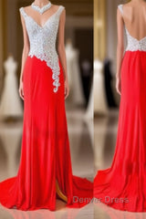 Custom Made A Line V Neck Backless Sequins Red Prom Dresses, Red Evening Dresses
