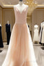 Custom Made A Line V Neck Champagne Tulle Prom Dress, Champagne Wedding Dress, A Line V Neck Graduation Dresses