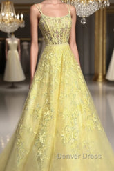 Custom Made Backless Yellow Lace Floral Long Prom Dresses, Yellow Lace Formal Graduation Evening Dresses