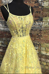 Custom Made Backless Yellow Lace Floral Long Prom Dresses, Yellow Lace Formal Graduation Evening Dresses