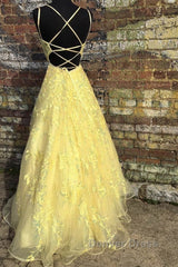 Custom Made Backless Yellow Lace Floral Long Prom Dresses, Yellow Lace Formal Graduation Evening Dresses