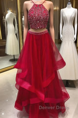 Custom Made Beaded Red Halter Two Piece Prom Dresses ,Formal Dresses