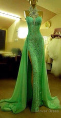Custom Made Crystal Evening Dresses Green High Neck Lace Prom Dresses With Slit Sexy Mermaid Crystal Beaded Prom Dresses