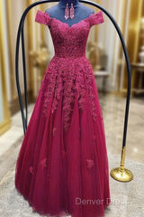 Custom Made Off Shoulder Burgundy Lace Prom Dresses, Off The Shoulder Burgundy Lace Formal Bridesmaid Dresses