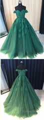 Custom Made Off Shoulder Emerald Green Lace Prom Dresses, Green Formal Dresses, Lace Prom Gown