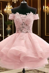 Custom Made Off Shoulder Pink Lace Short Prom Dresses, Pink Lace Bridesmaid Dresses, Homecoming Dresses