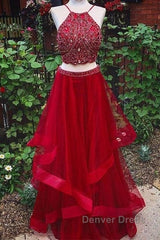 Custom Made Red Two Pieces Sequin Long Prom Dresses, Evening Dresses