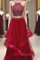 Custom Made Red Two Pieces Sequin Long Prom Dresses, Evening Dresses