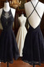 Custom Made Round Neck Backless Short Black Lace Prom Dresses, Short Black Lace Formal Dresses