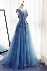 Custom Made Round Neck Sleeveless Lace Prom Dresses, Blue Lace Formal Dresses