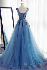 Custom Made Round Neck Sleeveless Lace Prom Dresses, Blue Lace Formal Dresses