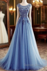 Custom Made Round Neck Sleeveless Lace Prom Dresses, Blue Lace Formal Dresses