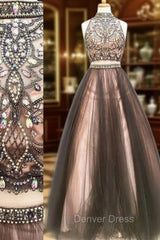 Custom Made Two Pieces Tulle Long Prom Dresses, Black Evening Dresses