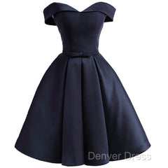 Custom Navy Blue Short Off Shoulder Sweetheart Party Dresses, Navy Blue Party Dresses