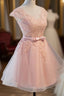 Custom Pink Lovely Cap Sleeves Knee Length Formal Dresses, Pink Tulle Prom Dresses