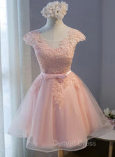 Custom Pink Lovely Cap Sleeves Knee Length Formal Dresses, Pink Tulle Prom Dresses